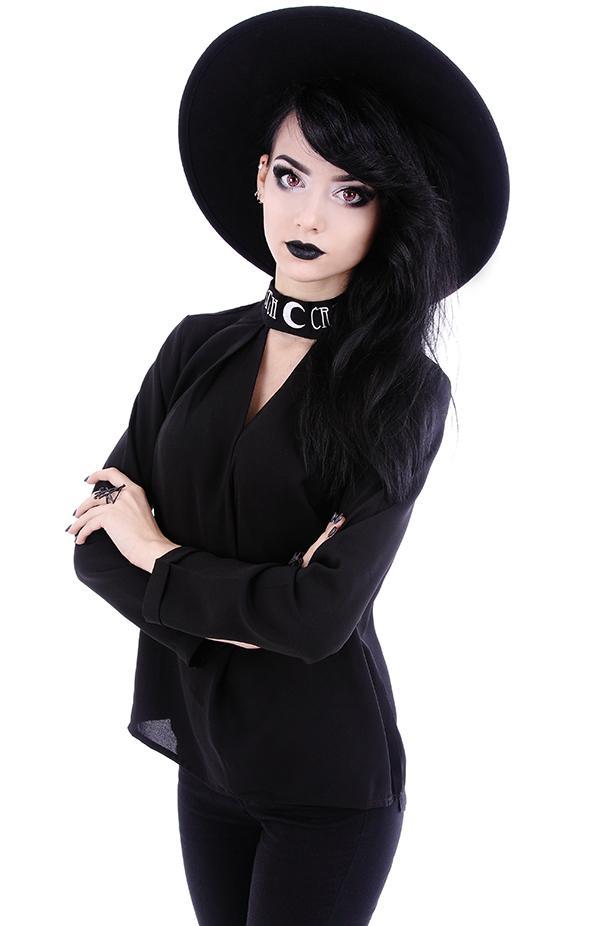 Tops Witchcraft Moon V-neck Choker Neck Black Long Sleeve Blouse Top