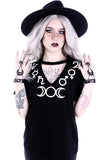 Tops Witchcraft symbols V-neck with choker Black Fashion Tee - Goddess
