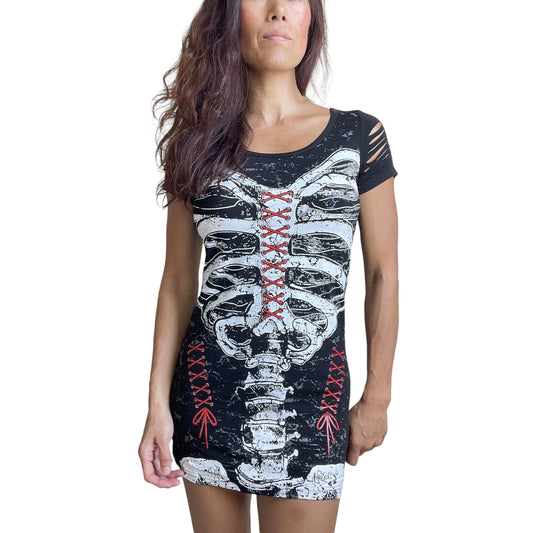 Gothic Skeleton Ribcage Print with Spine cut out Extra Length Top - Skelapparel