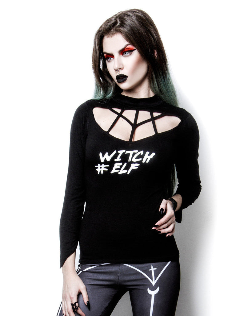 Tops Witch Elf # High Neck harness neck black top