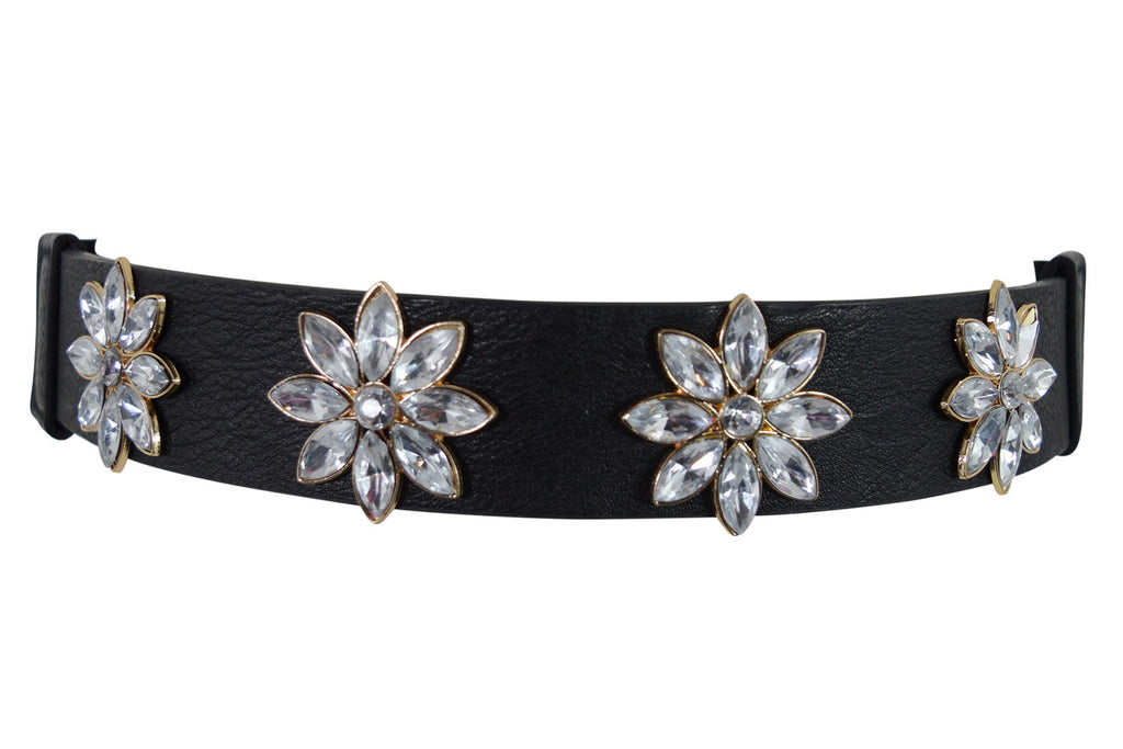 Accessories Black Bridal Party Rhinestone Flowers Accent Elastic Band Waist Belt