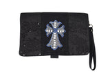 Accessories Crystal Cross Black Sequin Beaded Foldover Crossbody Bag - Wristlet Bag