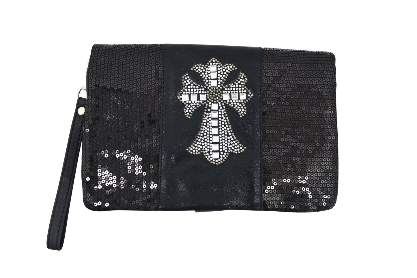 Accessories Crystal Cross Black Sequin Beaded Foldover Crossbody Bag - Wristlet Bag