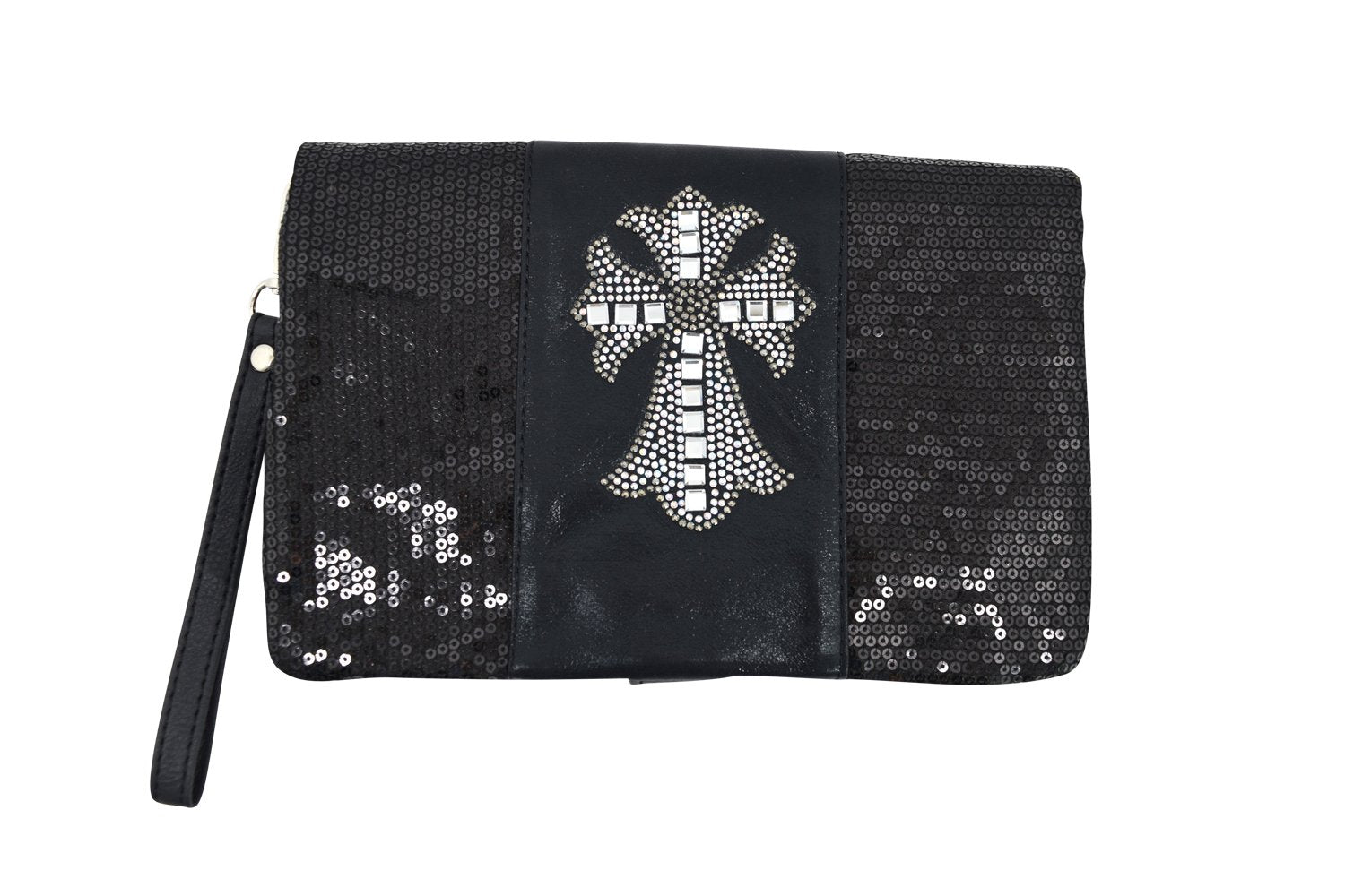 Accessories Crystal Cross Black Sequin Beaded Foldover Crossbody Bag - Wristlet Bag