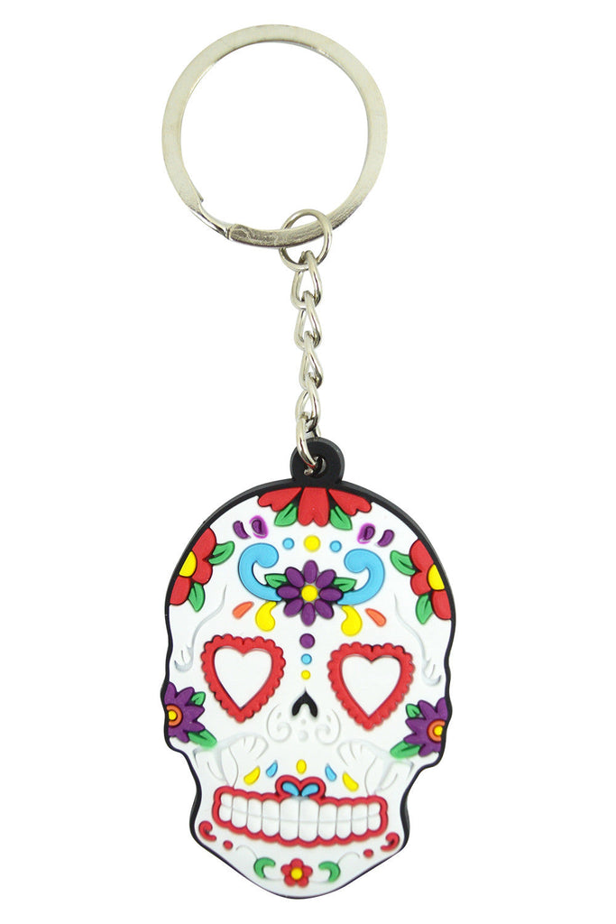 Accessories Day Of The Dead Mexican Flower Sugar Skull Rubber Key Ring KeyChain