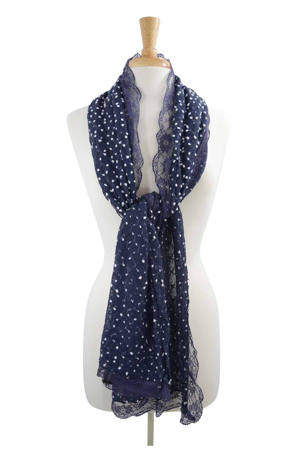 Accessories Navy Lolita Love Mesh Knit Mini Dots and Lace Trim Fashion Scarf