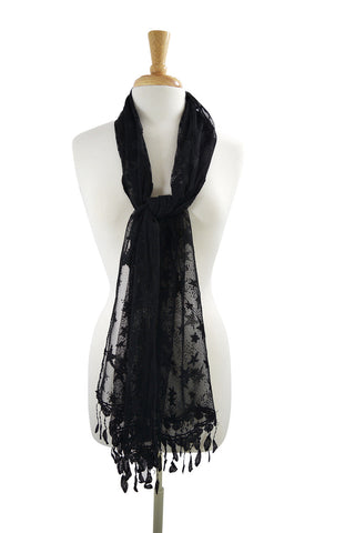 Accessories black Rockabilly Star Night Stars Burnout Lace Fringes Scarf Shawl