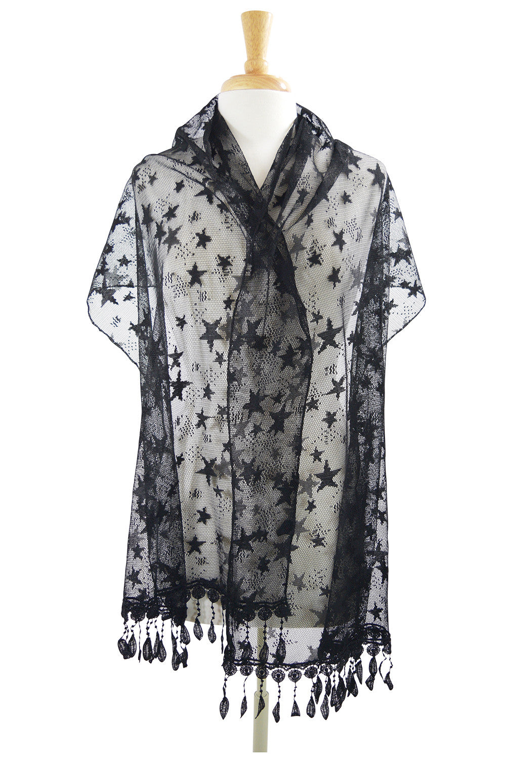 Accessories black Rockabilly Star Night Stars Burnout Lace Fringes Scarf Shawl