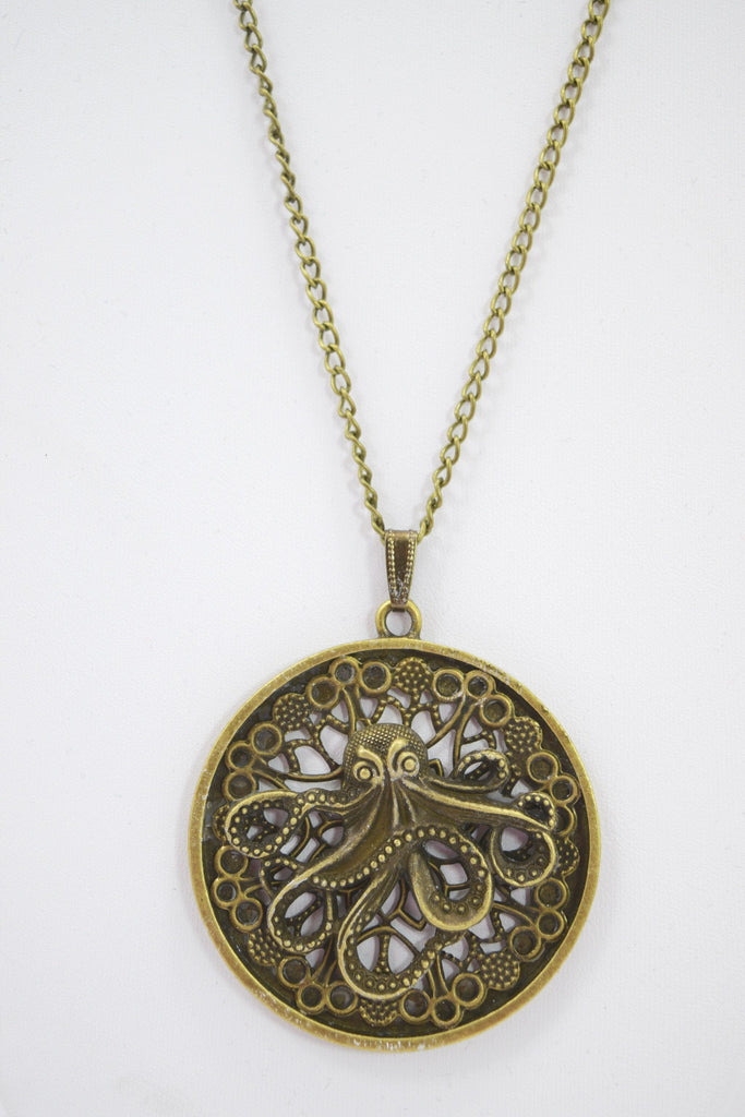 Accessories Steampunk Vintage Toilers of The Sea Octopus Kraken Antiqued Bronze Filigree Necklace