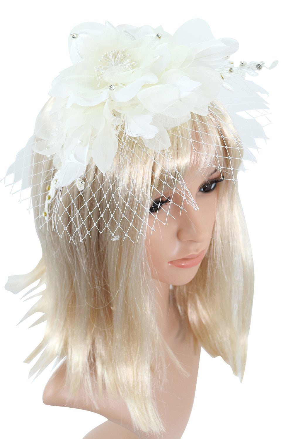 Accessories White Victorian Vintage Bridal Flower White Feather Lace Net Fascinator with Pearl Headband