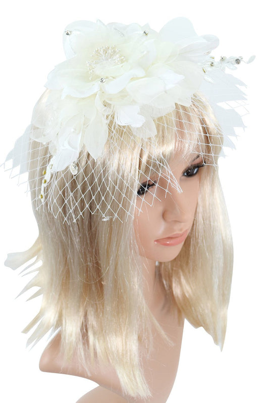 Accessories White Victorian Vintage Bridal Flower White Feather Lace Net Fascinator with Pearl Headband
