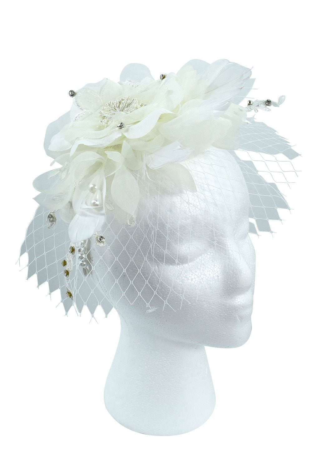 Accessories White Victorian Vintage Bridal Flower White Feather Lace Net Fascinator with Pearl Headband
