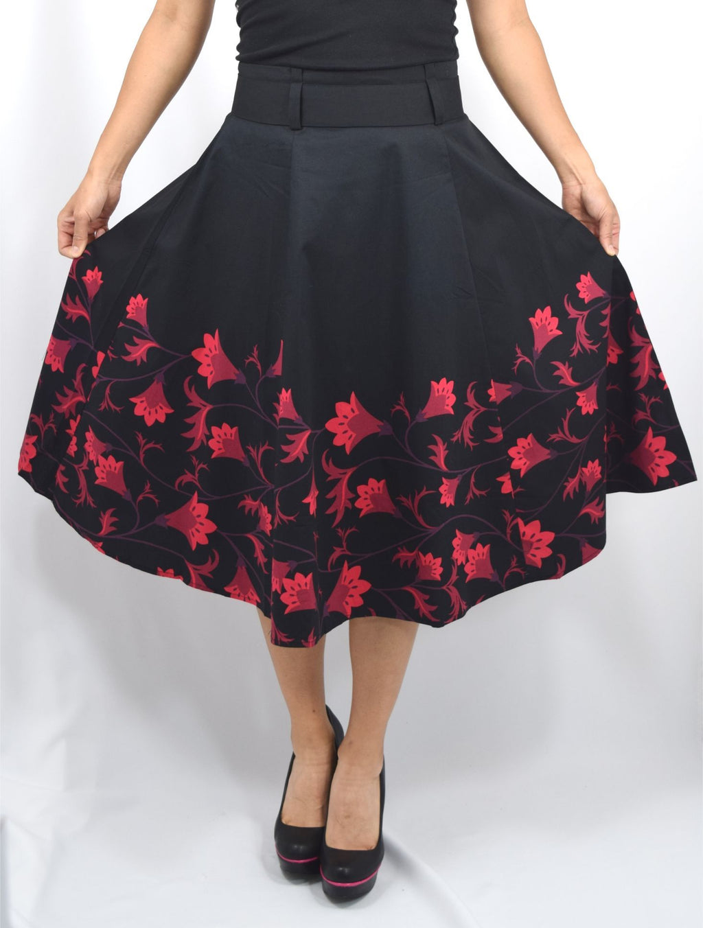 Bottoms 60's vintage red floral flare skirt with Big Bow | Black red floral skirt