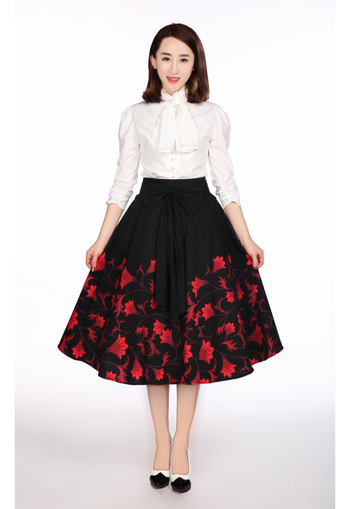 Bottoms 60's vintage red floral flare skirt with Big Bow | Black red floral skirt
