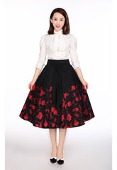 Bottoms 60's vintage red floral flare skirt with Big Bow | Black red floral skirt