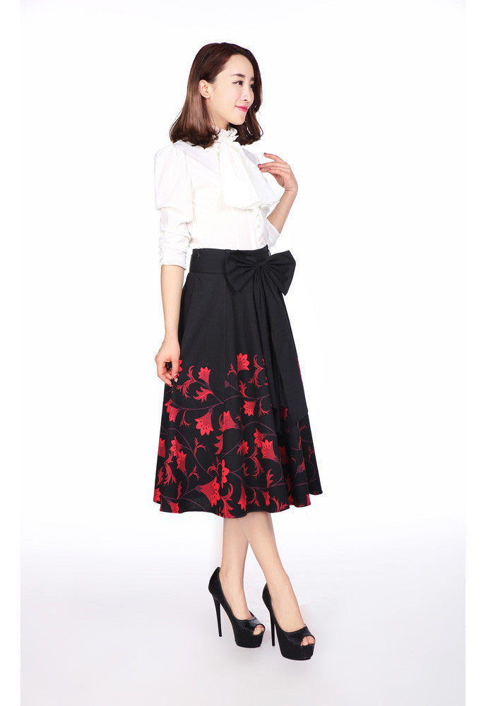Bottoms 60's vintage red floral flare skirt with Big Bow | Black red floral skirt