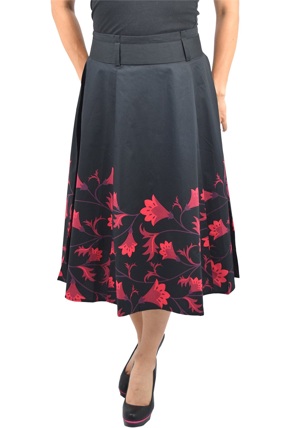 Bottoms 60's vintage red floral flare skirt with Big Bow | Black red floral skirt