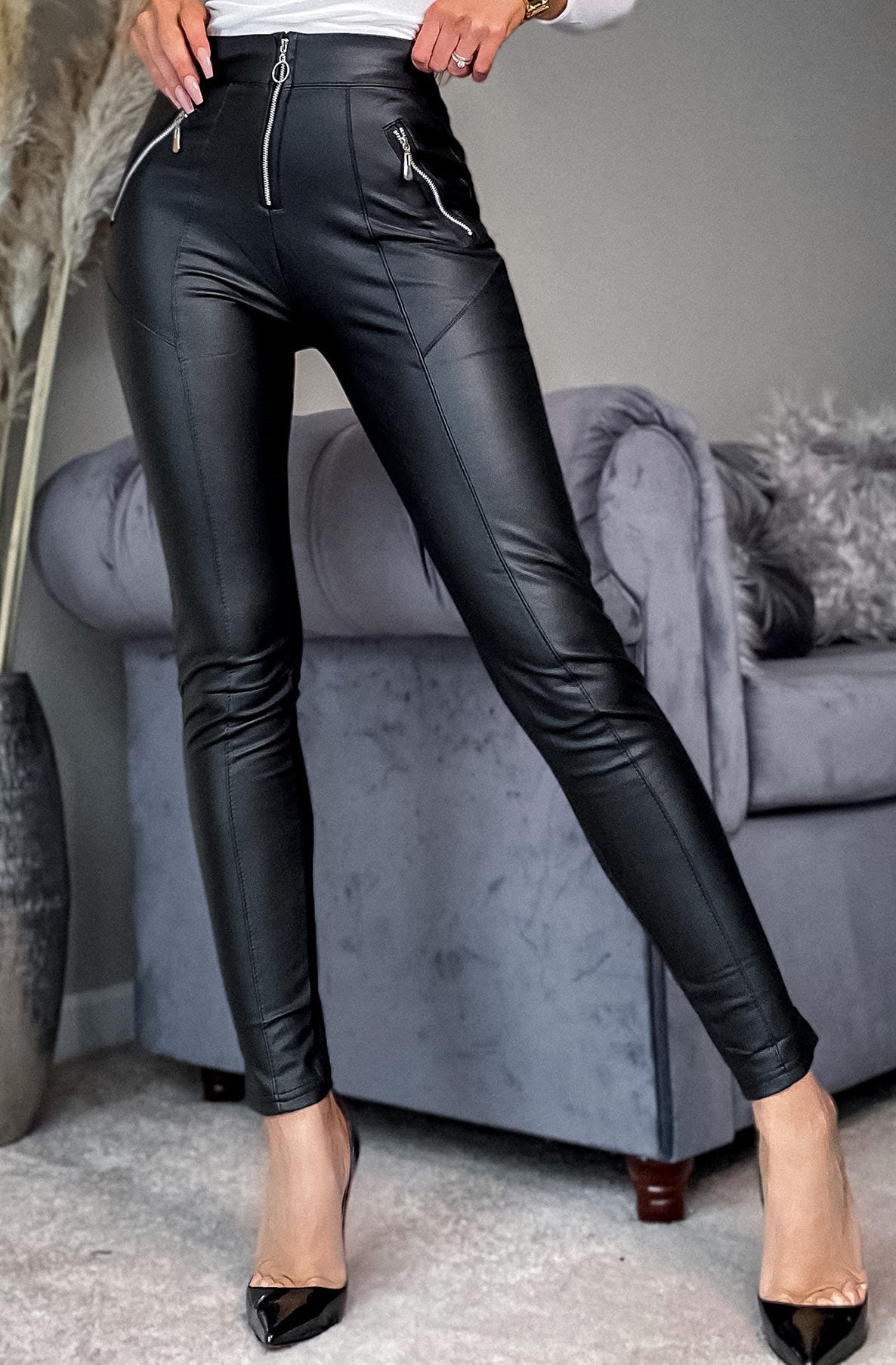 Bottoms Black Faux Leather Leatherette Pintuck Leggings High Waist Pants Fleece inside
