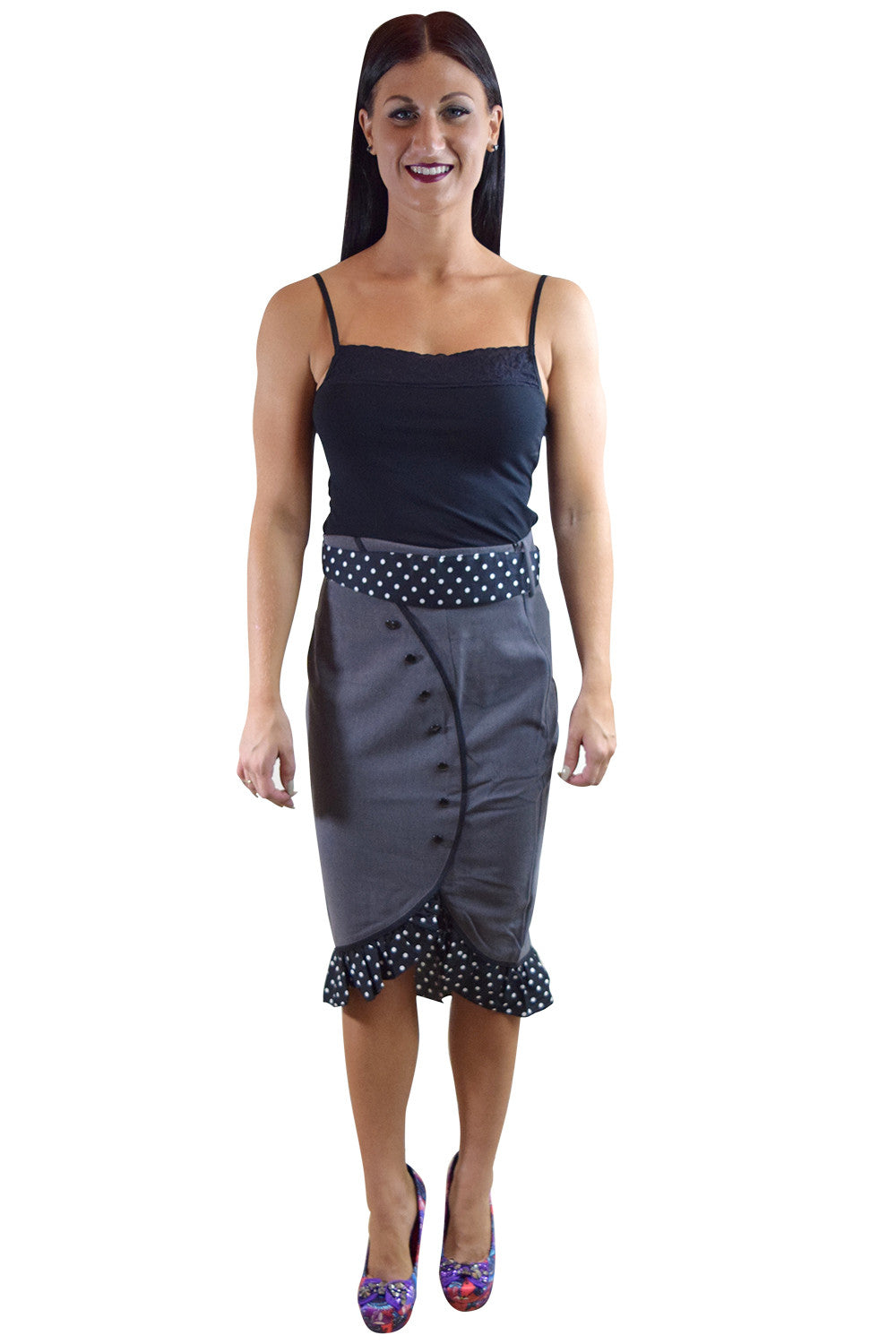 Bottoms Bombshell Gray High Waist Polka Dot Ruffled Hem with Bow Belt Pencil Skirt