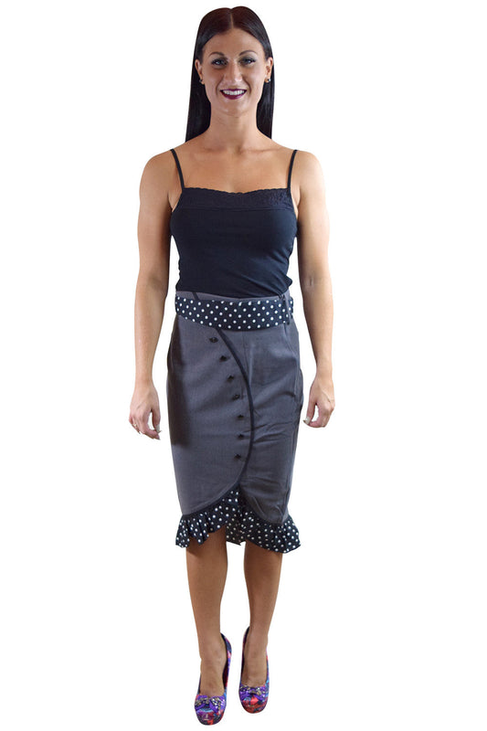 Bottoms Bombshell Gray High Waist Polka Dot Ruffled Hem with Bow Belt Pencil Skirt