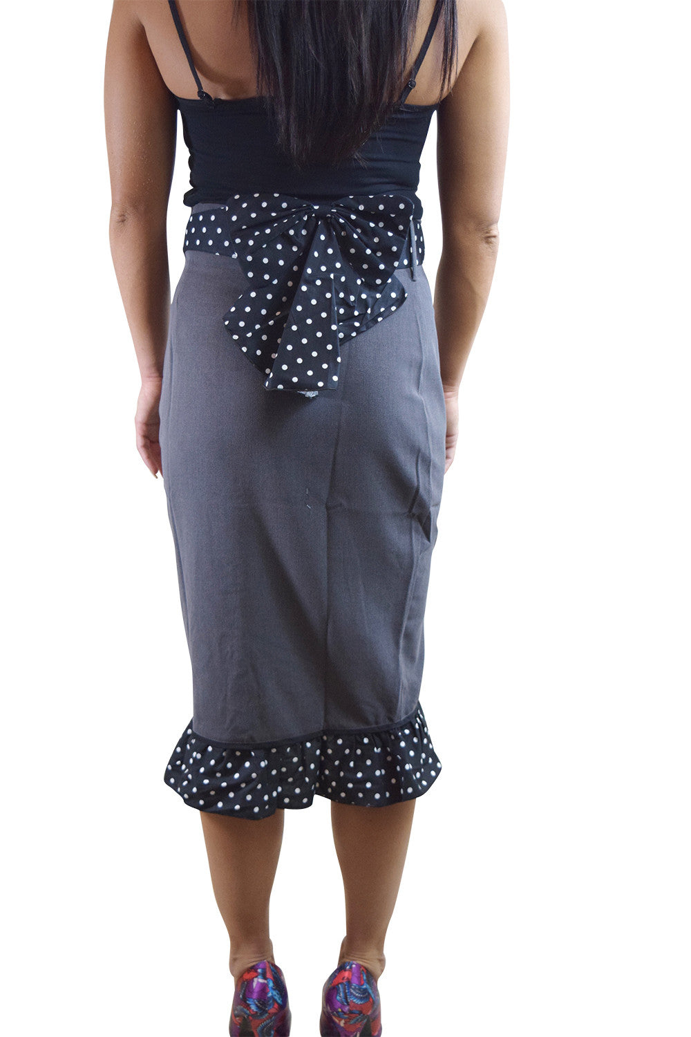 Bottoms Bombshell Gray High Waist Polka Dot Ruffled Hem with Bow Belt Pencil Skirt