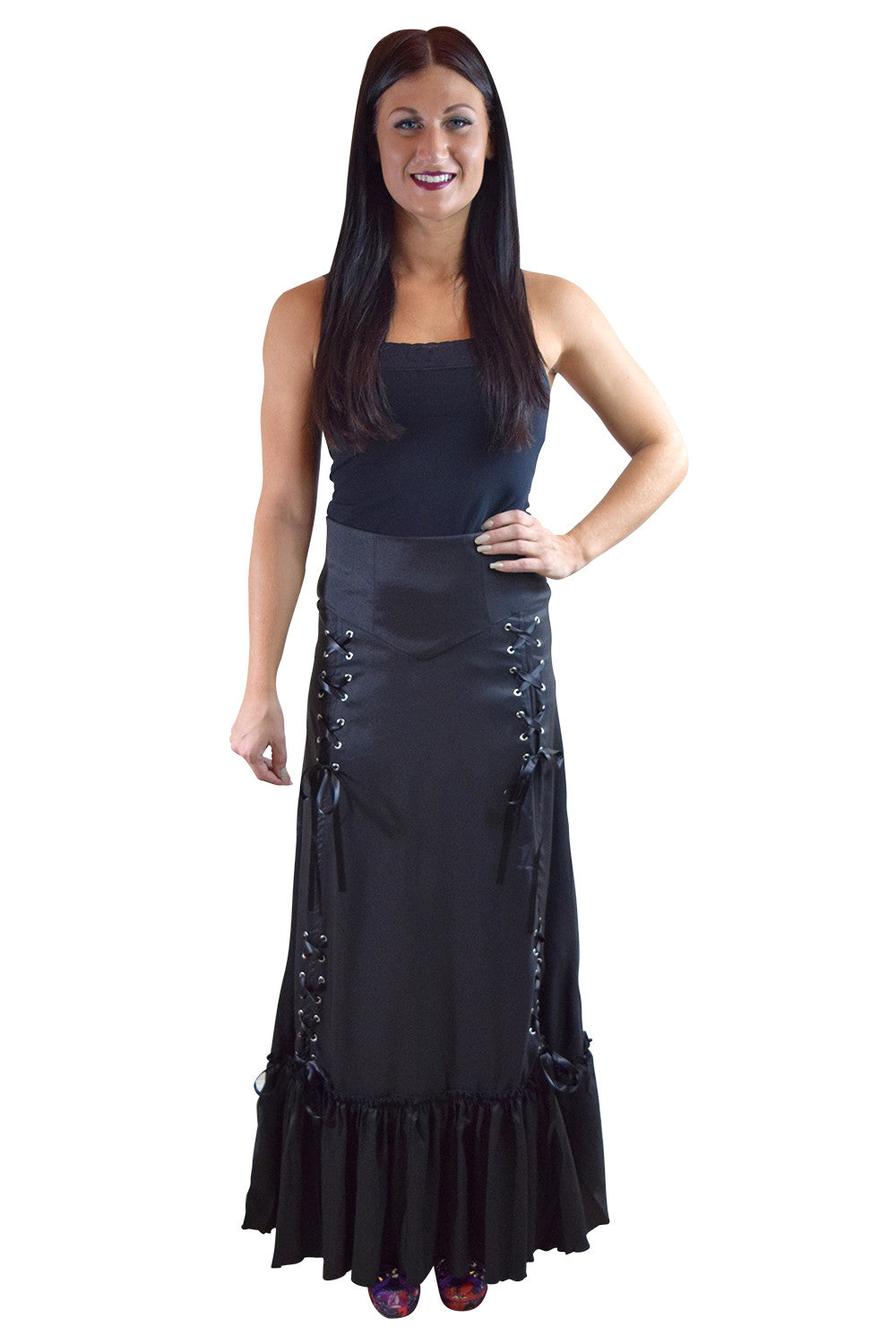 Bottoms Gothic Victorian Steampunk Black Satin Maxi Gown Skirt 3-way Corset Skirt Renaissance Skirt