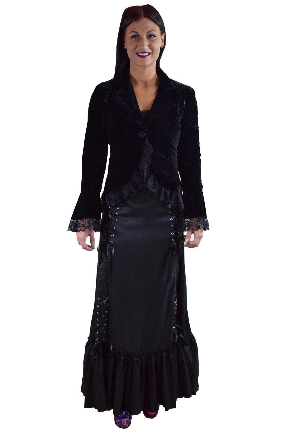 Bottoms Gothic Victorian Steampunk Black Satin Maxi Gown Skirt 3-way Corset Skirt Renaissance Skirt