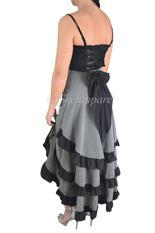 Bottoms Gothic Victorian Steampunk Pinstriped Tiered Tail Long Bustle Gray Skirt