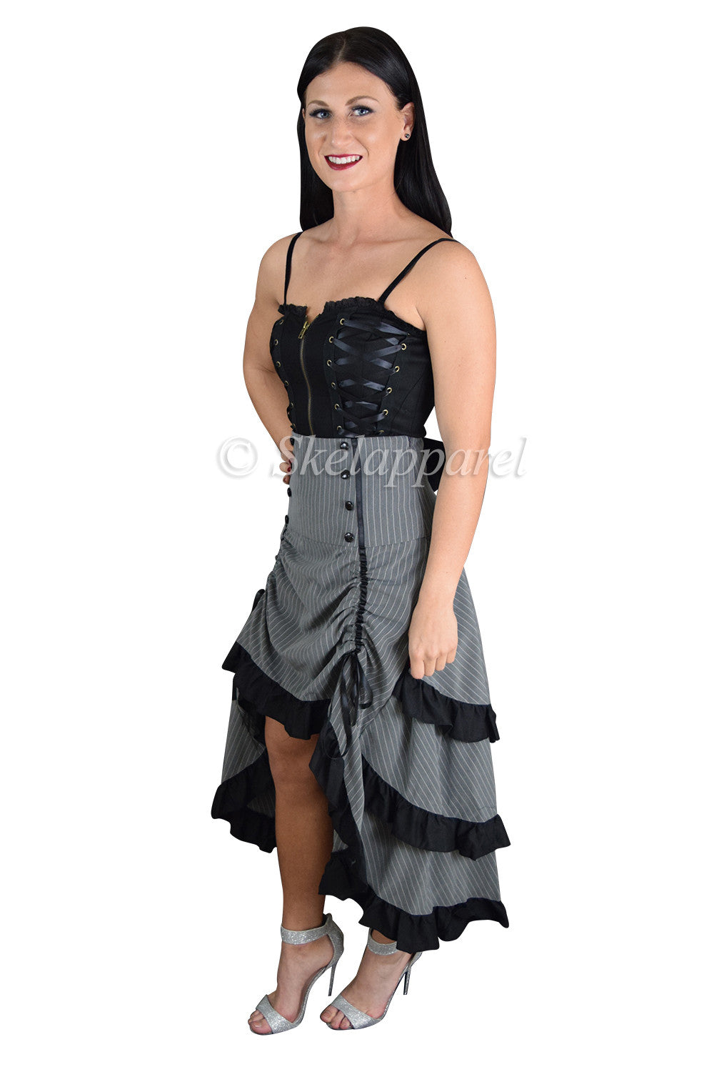 Bottoms Gothic Victorian Steampunk Pinstriped Tiered Tail Long Bustle Gray Skirt