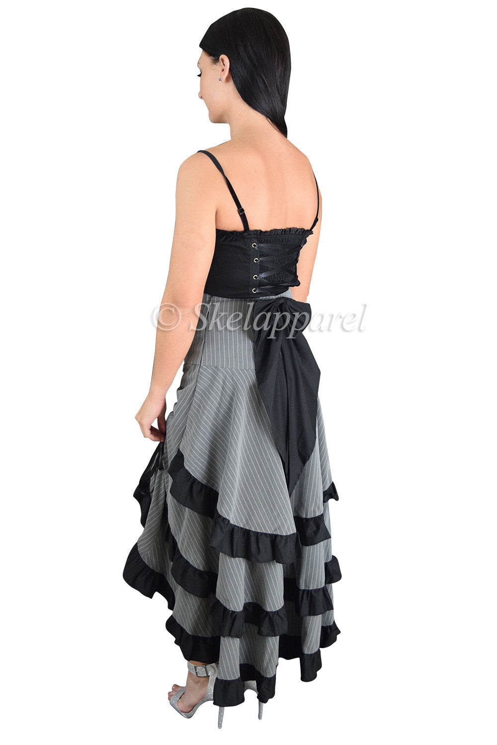 Bottoms Gothic Victorian Steampunk Pinstriped Tiered Tail Long Bustle Gray Skirt