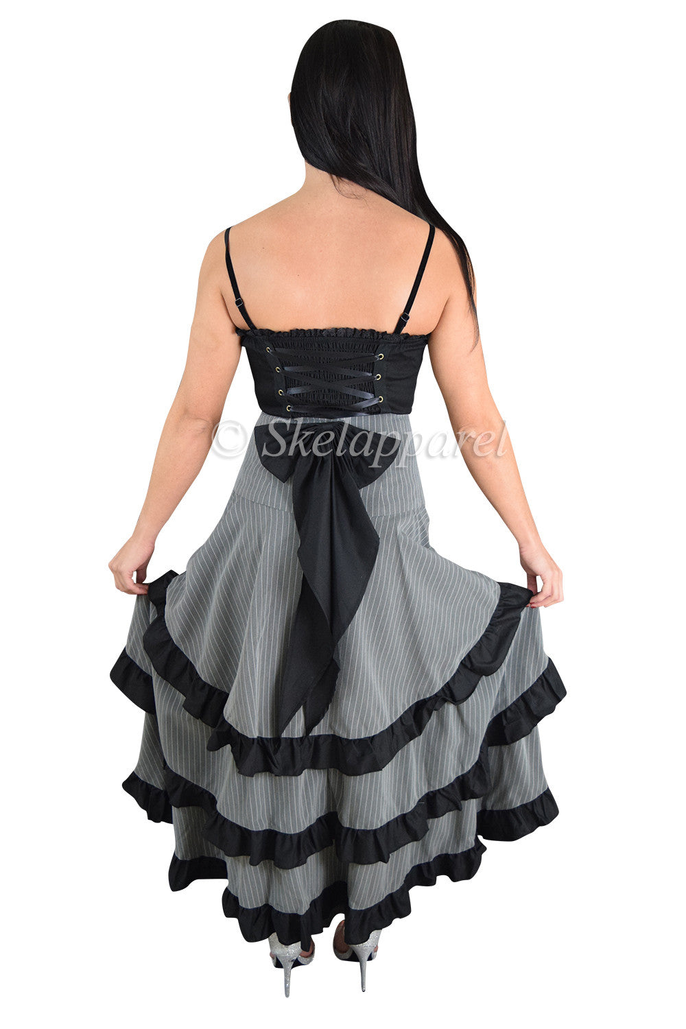 Bottoms Gothic Victorian Steampunk Pinstriped Tiered Tail Long Bustle Gray Skirt