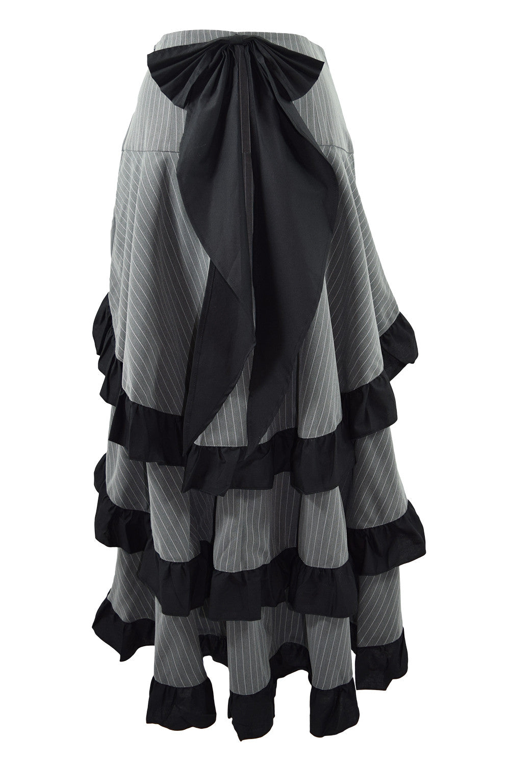 Bottoms Gothic Victorian Steampunk Pinstriped Tiered Tail Long Bustle Gray Skirt