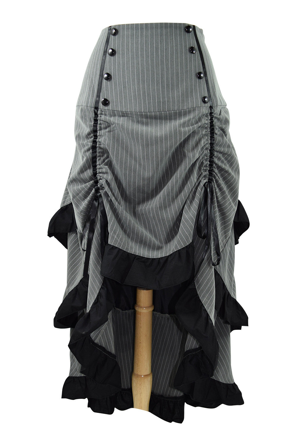 Bottoms Gothic Victorian Steampunk Pinstriped Tiered Tail Long Bustle Gray Skirt