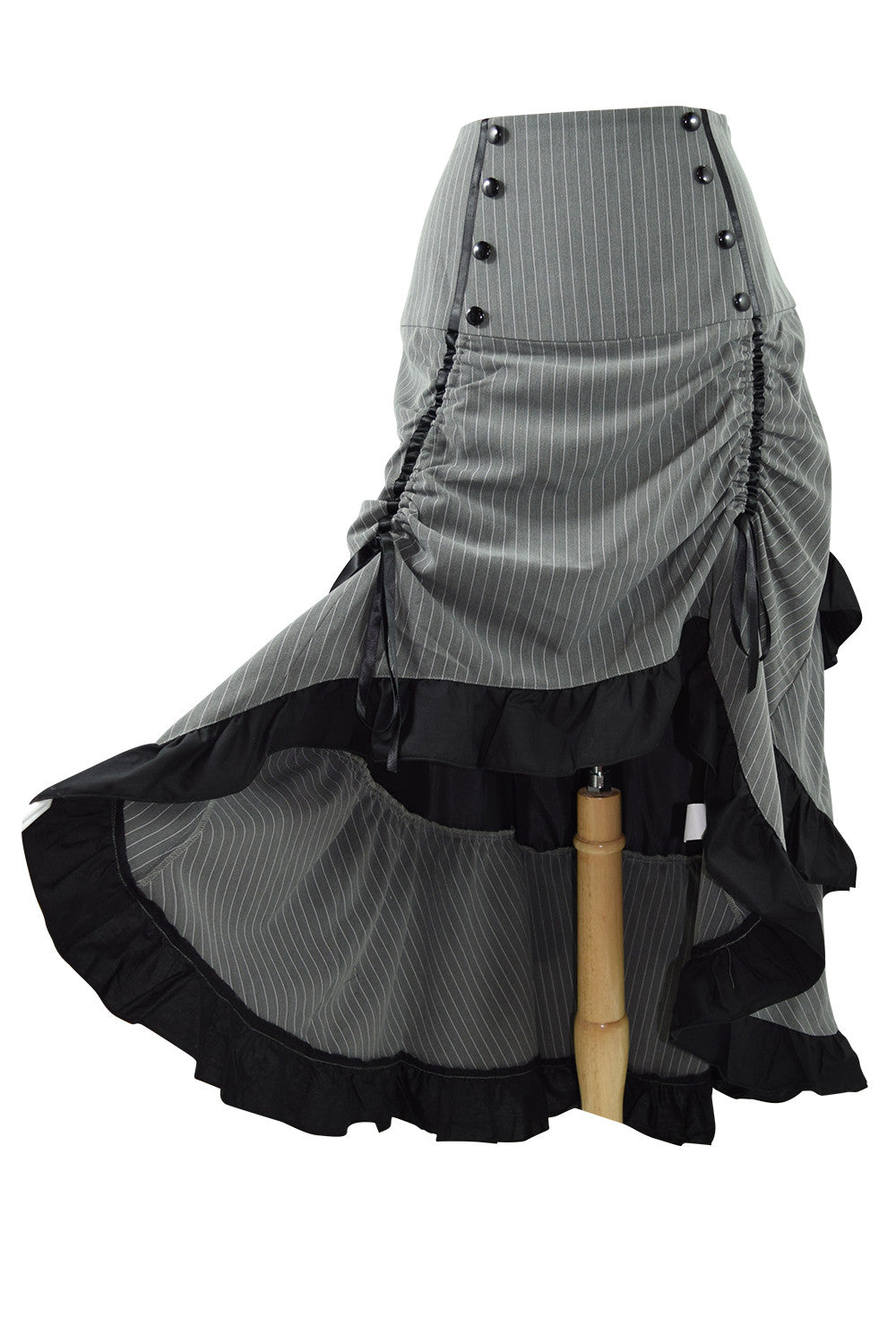 Bottoms Gothic Victorian Steampunk Pinstriped Tiered Tail Long Bustle Gray Skirt