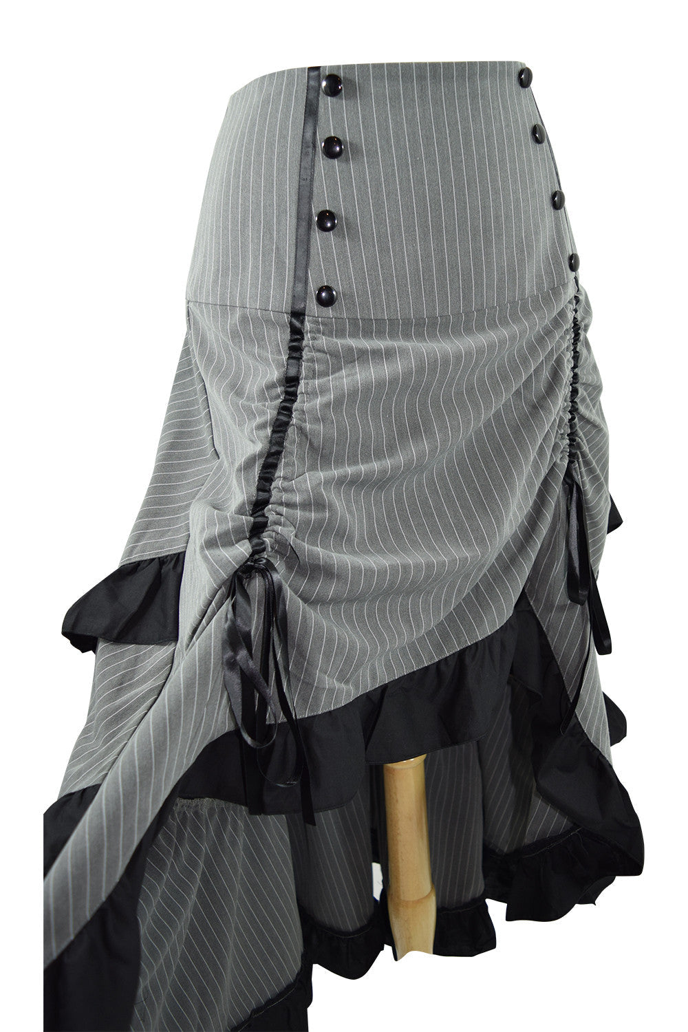 Bottoms Gothic Victorian Steampunk Pinstriped Tiered Tail Long Bustle Gray Skirt