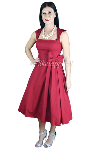 Dresses 50's Rockabilly Vintage Red Belted Bow Accent Flare Midi Party Dress