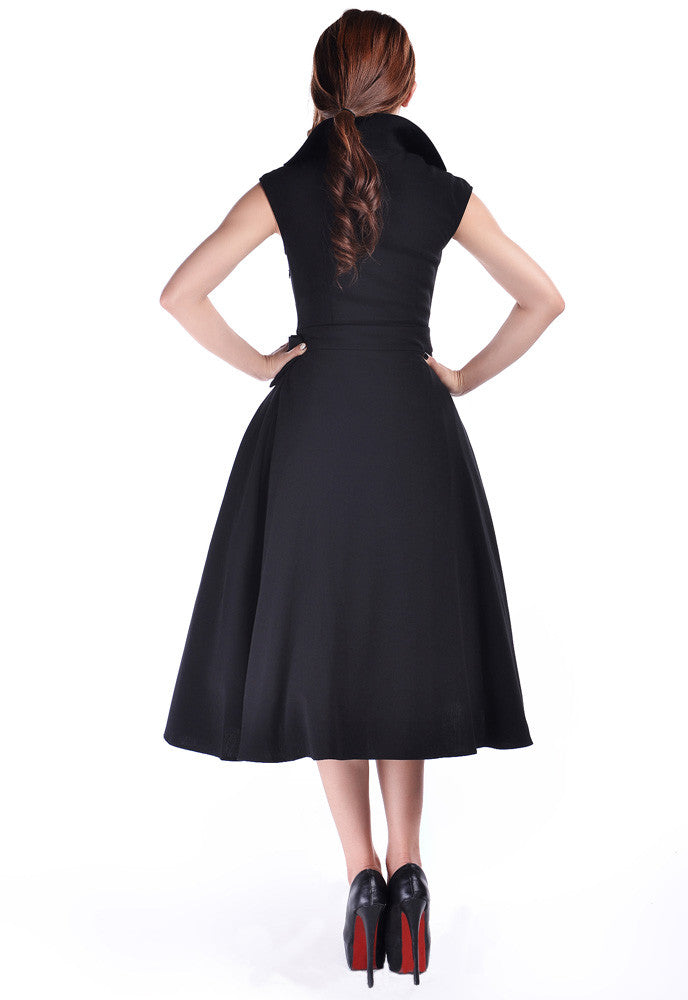 Vintage Design Rockabilly Black Belted Party Dress with Bow Accent US4 (EU36) / Black Vintage Design Rockabilly Black Belted Party Dress with Bow Accent US4 (EU36) / Black