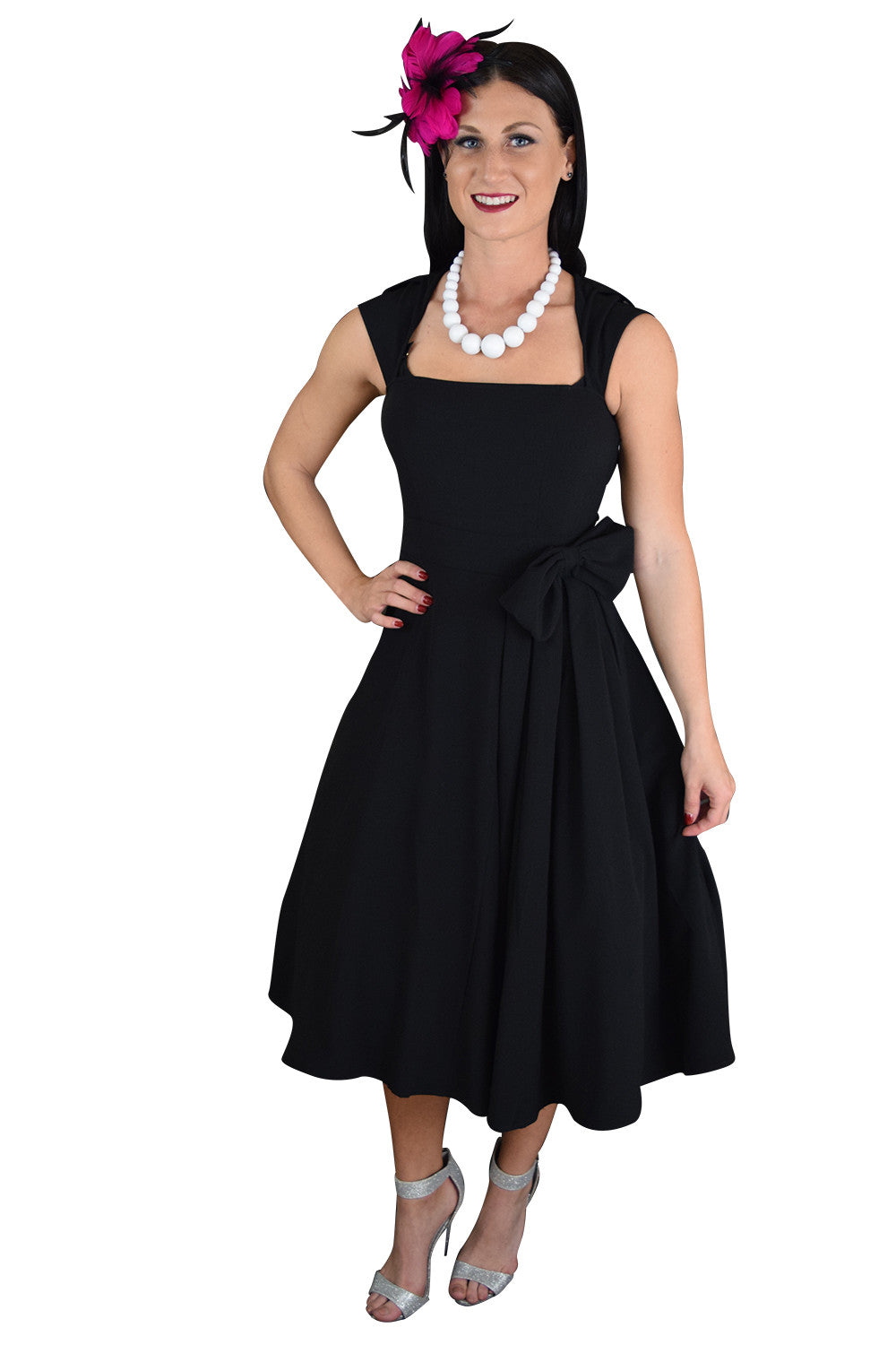 Dresses 50's Vintage Design Rockabilly Vamp Black Belted Party Dress with Bow Accent