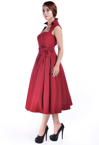 Dresses 50's Vintage Design Rockabilly Vamp Red Belted Party Dress with Bow Accent