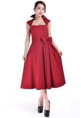 Dresses 50's Vintage Design Rockabilly Vamp Red Belted Party Dress with Bow Accent