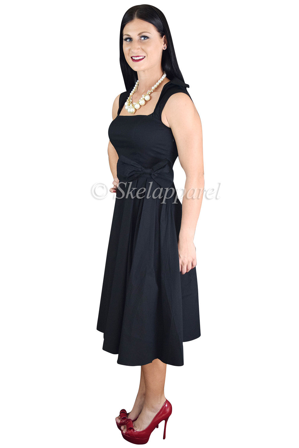 Dresses 50's Vintage Style Black Bow Belted Swing Skirt Party Dress