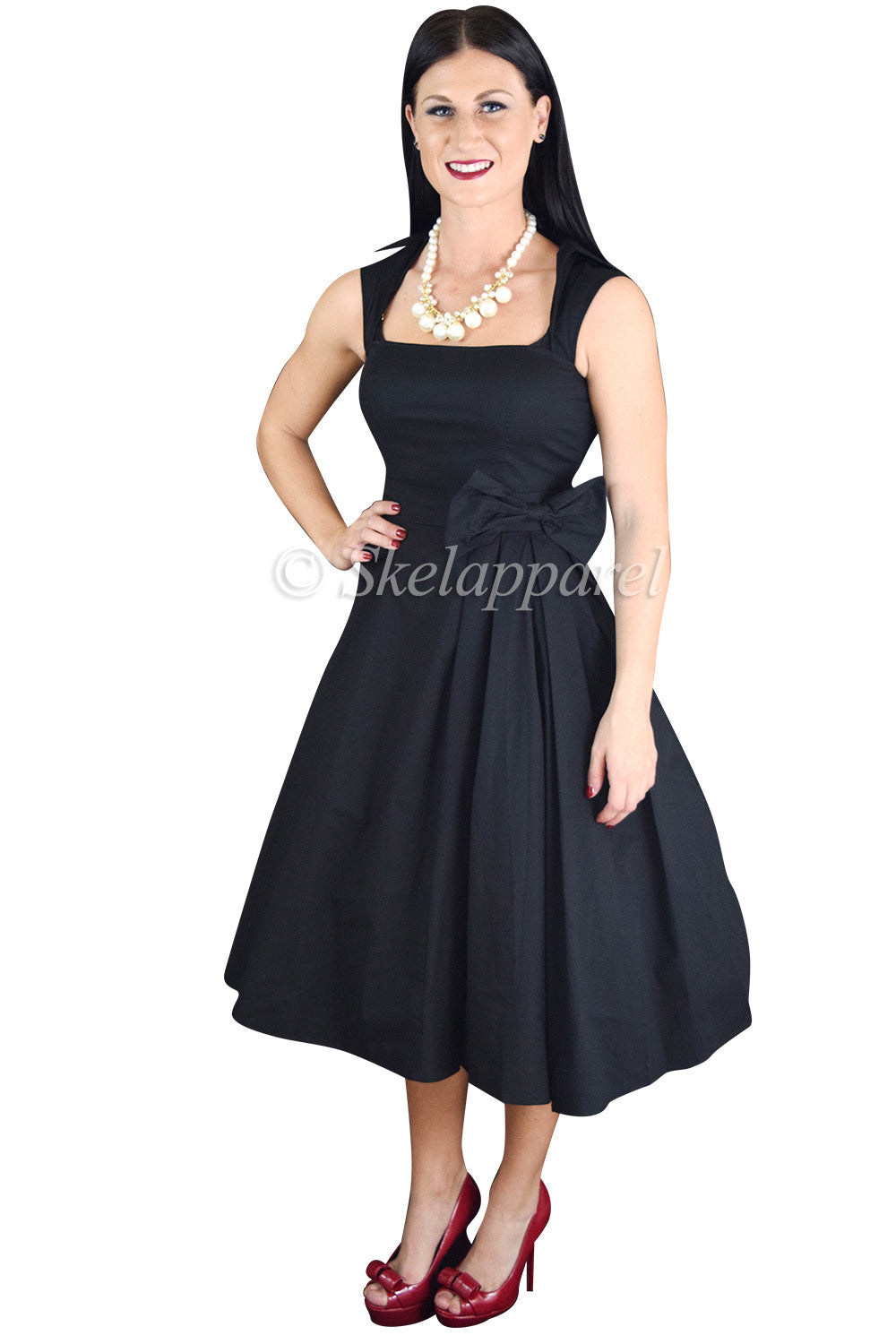 Dresses 50's Vintage Style Black Bow Belted Swing Skirt Party Dress