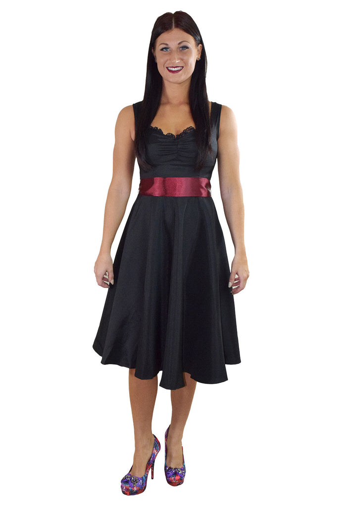 Dresses 60's Vinatge Retro Design Little Black Satin Dress with Burgundy Sash Ribbon Belt