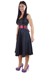 Dresses 60's Vinatge Retro Design Little Black Satin Dress with Burgundy Sash Ribbon Belt