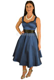 Dresses 60's Vintage Retro Design Blue Satin Dress with Black Sash Ribbon Belt