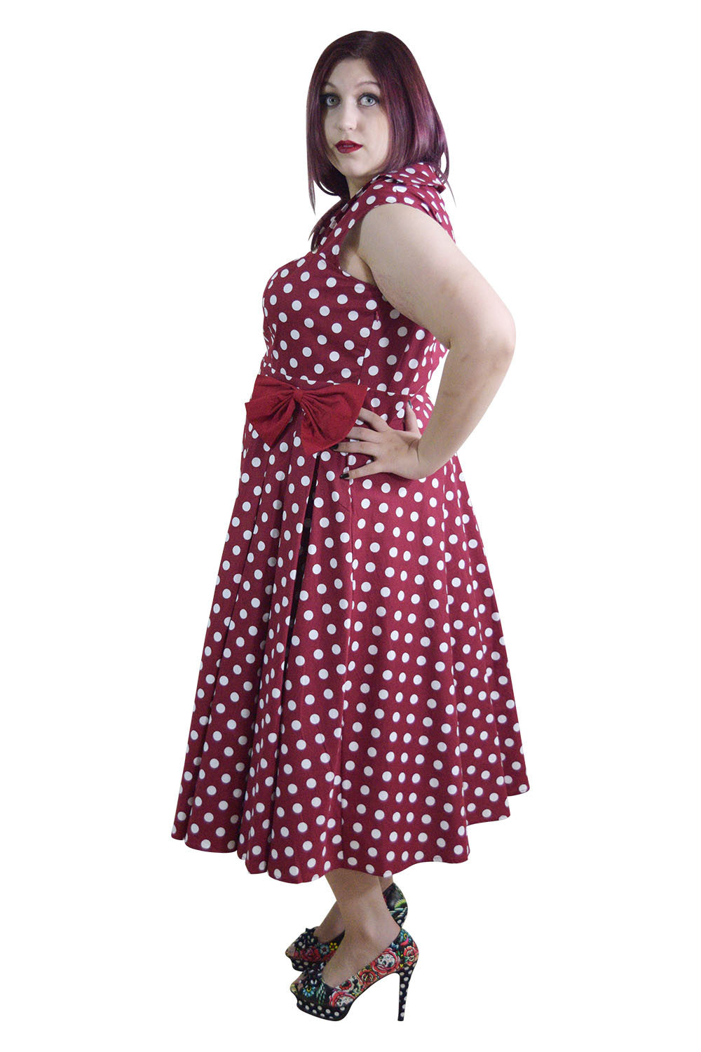 Women's Retro Style Pin-Up Red and White Polka Dot Belted Bow Party Dress Plus Size US16 / Red Women's Retro Style Pin-Up Red and White Polka Dot Belted Bow Party Dress Plus Size US16 / Red