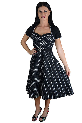 Dresses 60's Vintagge Black and White Polka Dot Flare Two Tone Dress with Bolero Jacket