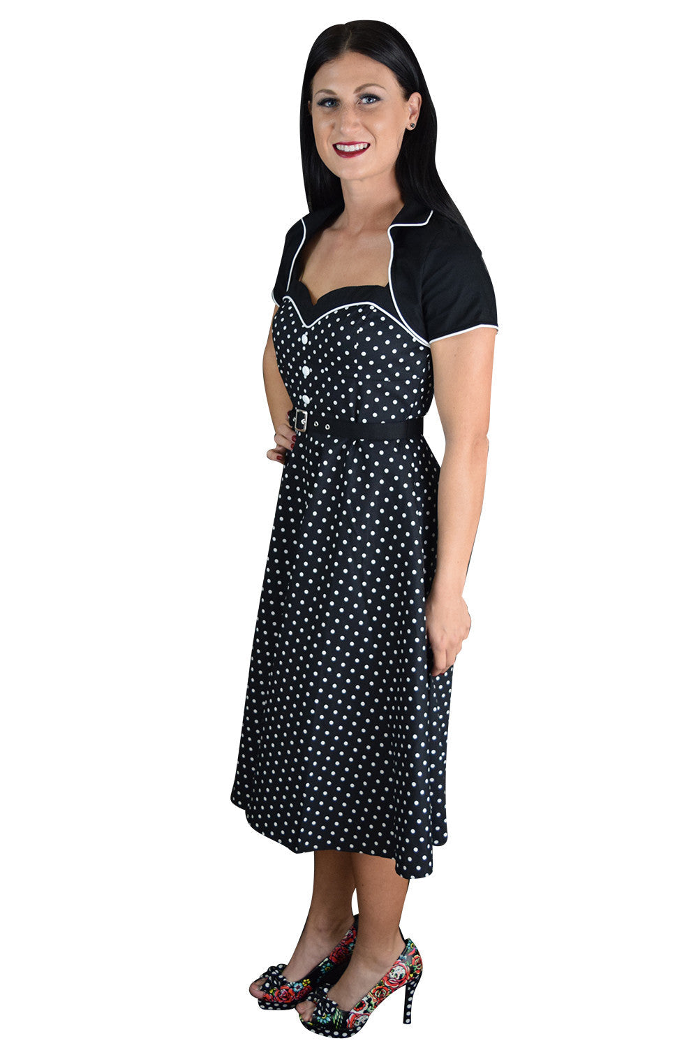 Dresses 60's Vintagge Black and White Polka Dot Flare Two Tone Dress with Bolero Jacket