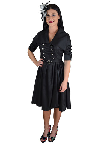 Dresses Gothic Steampunk Black Belted Military Style Swing Dress