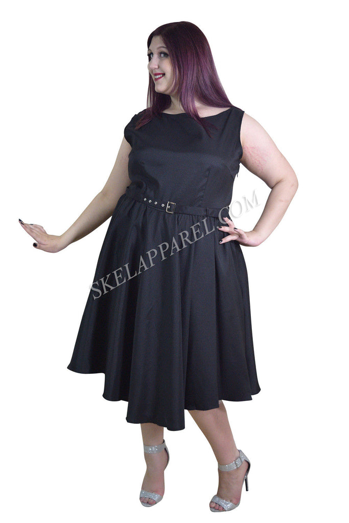 Dresses Plus Audrey Hepburn Style 60's Vintage Design Black Satin Flare Swing Party Dress